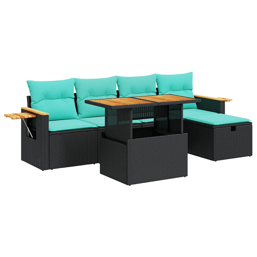 6-delige Loungeset met kussens poly rattan acacia zwart