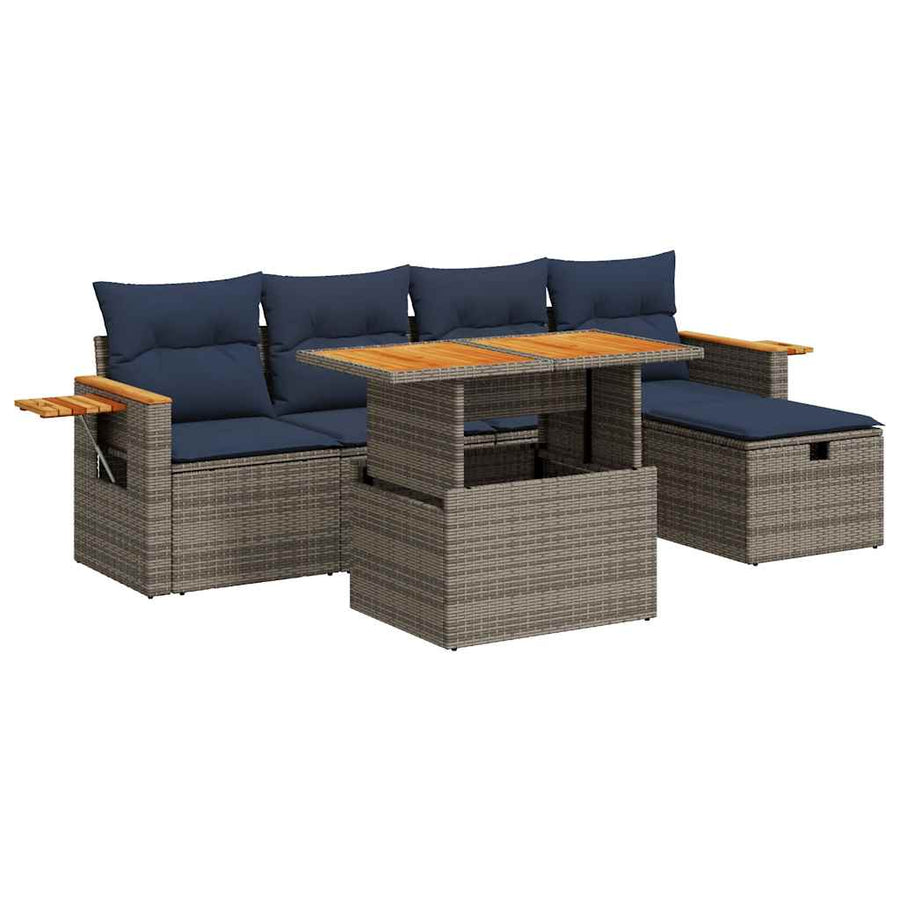 6-delige Loungeset met kussens poly rattan acacia grijs