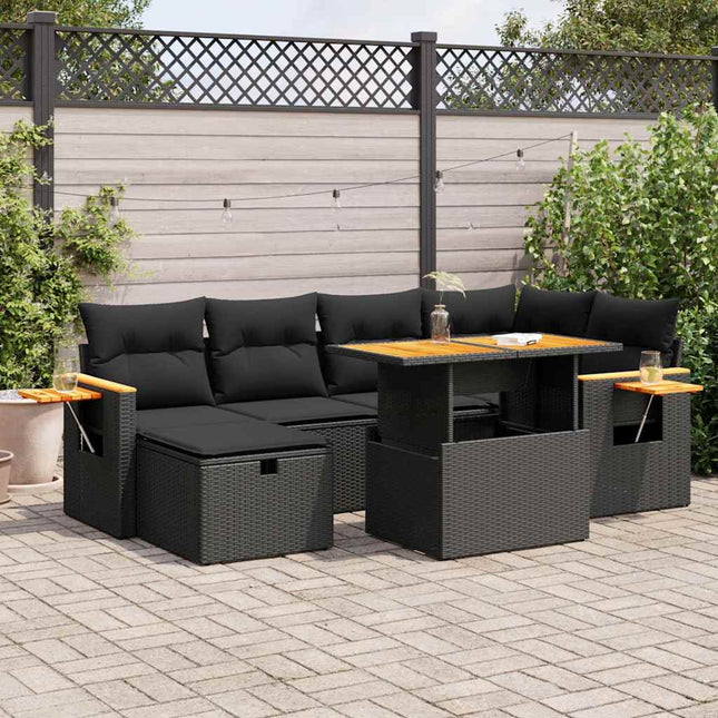 8-delige Loungeset met kussens poly rattan zwart