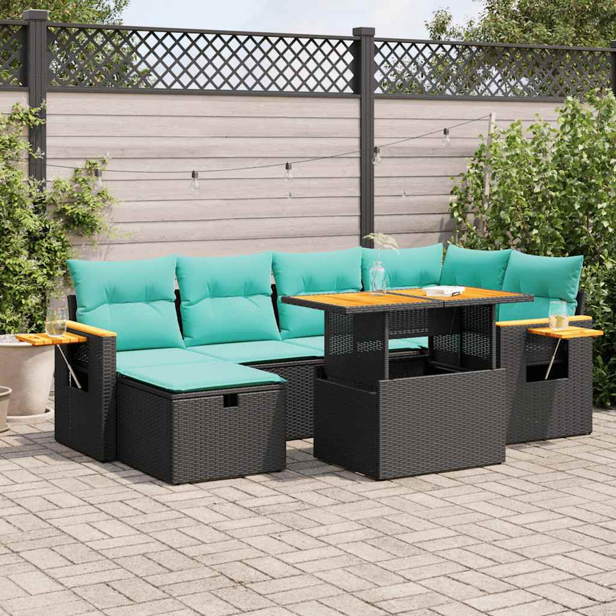 7-delige Loungeset met kussens poly rattan acacia bruin