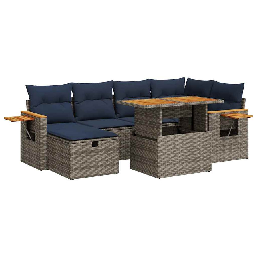 7-delige Loungeset met kussens poly rattan acacia zwart