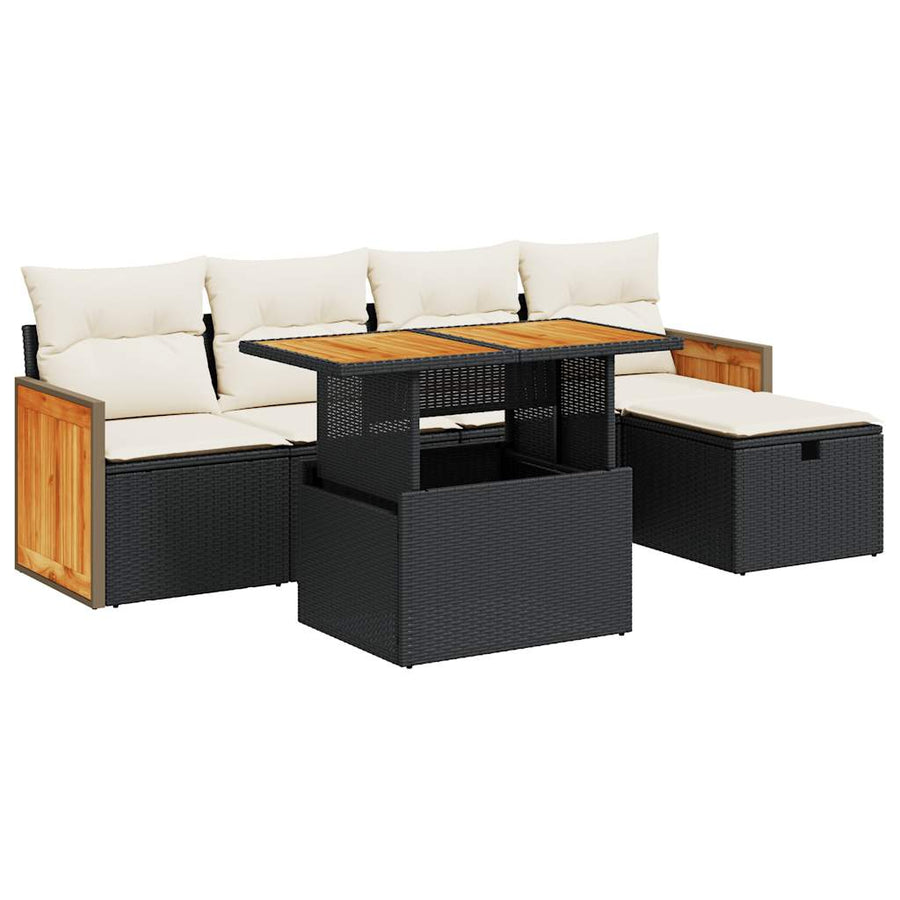 6-delige Loungeset met kussens poly rattan zwart