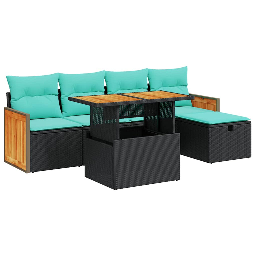 6-delige Loungeset met kussens poly rattan acacia zwart