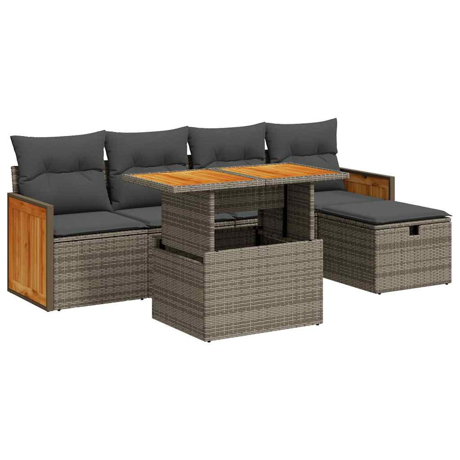 6-delige Loungeset met kussens poly rattan grijs