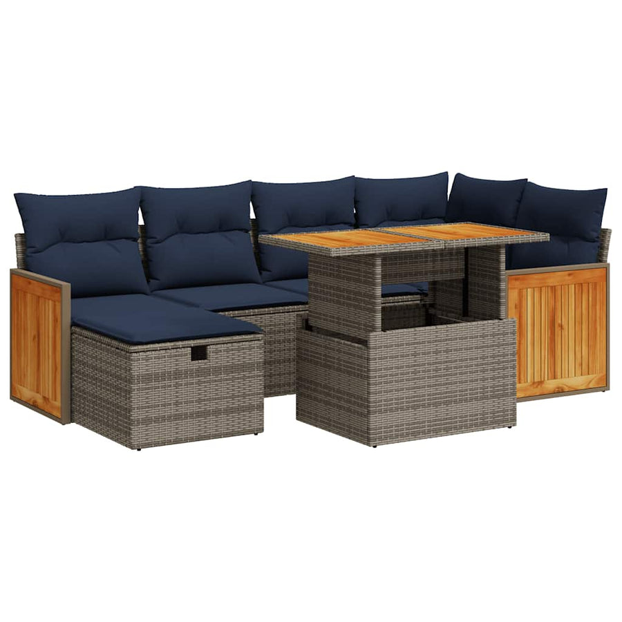 7-delige Loungeset met kussens poly rattan acacia zwart