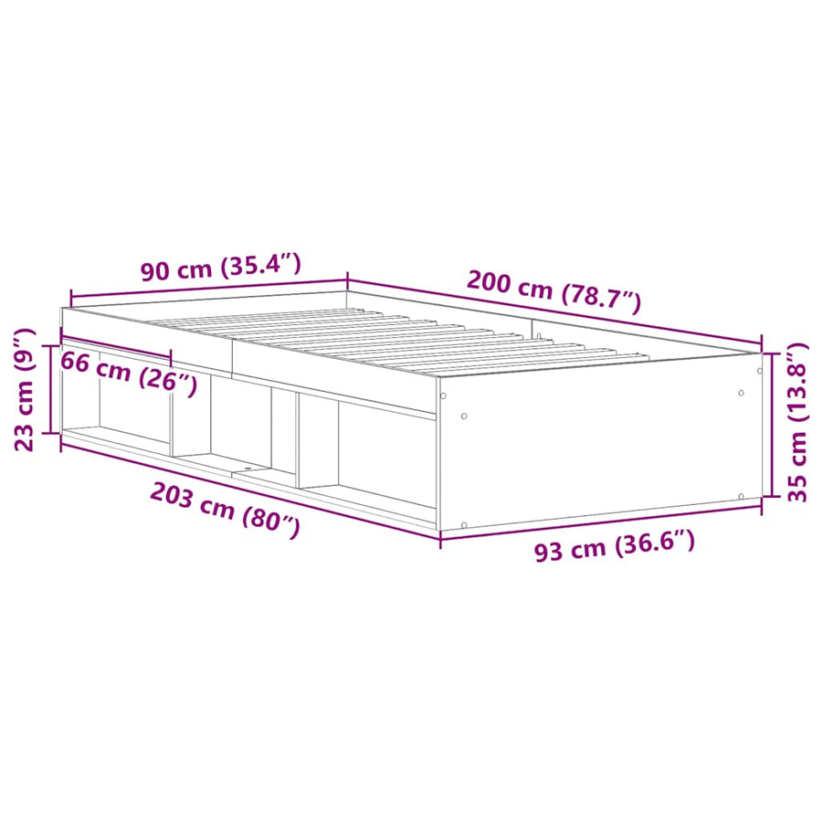 Bedframe zonder matras bewerkt 90x200 cm bewerkt hout oud