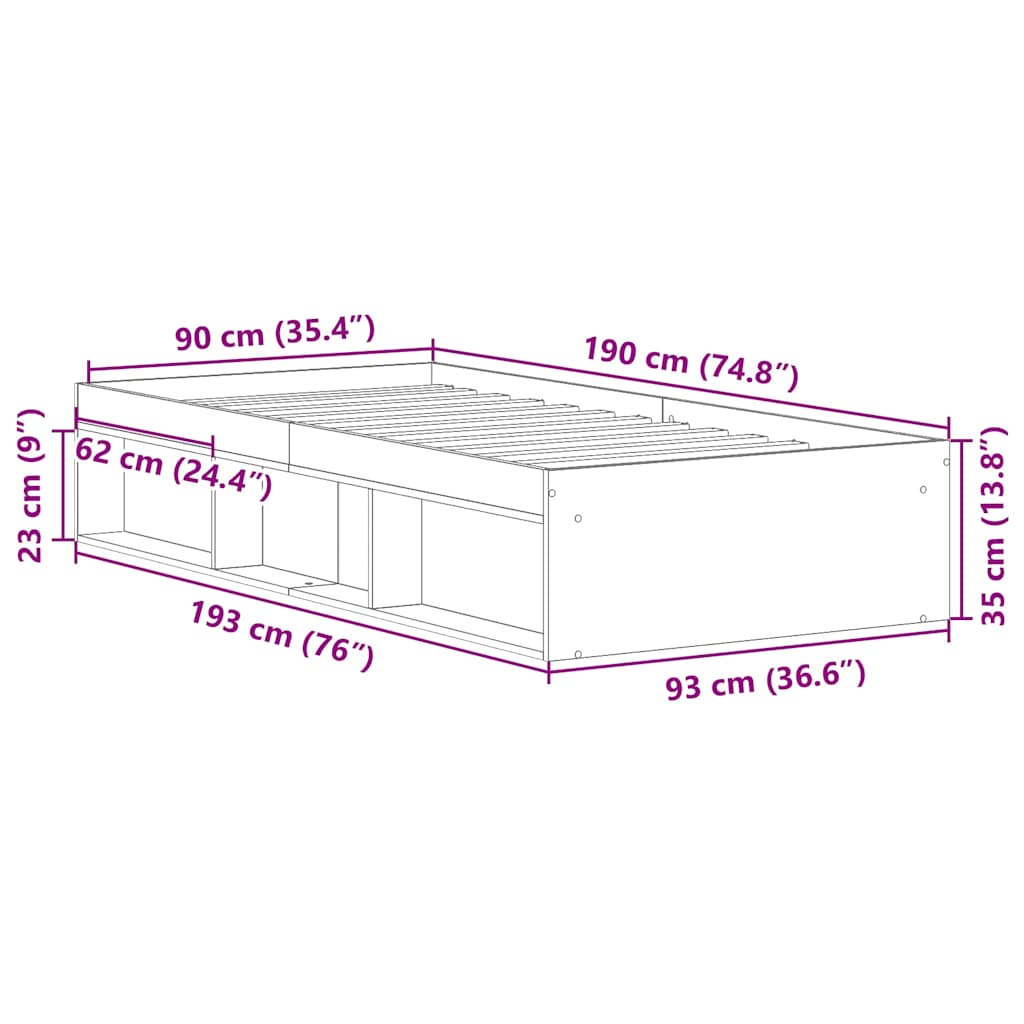 Bedframe zonder matras bewerkt 90x190 cm bewerkt hout oud