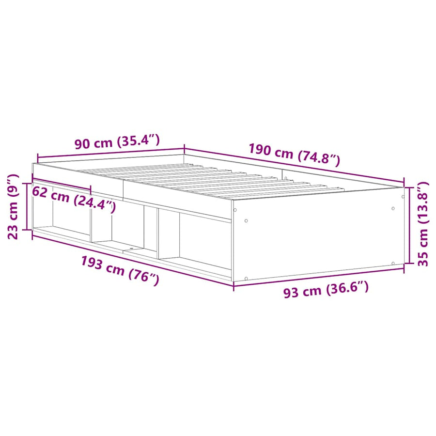 Bedframe zonder matras bewerkt 90x190 cm bewerkt hout oud