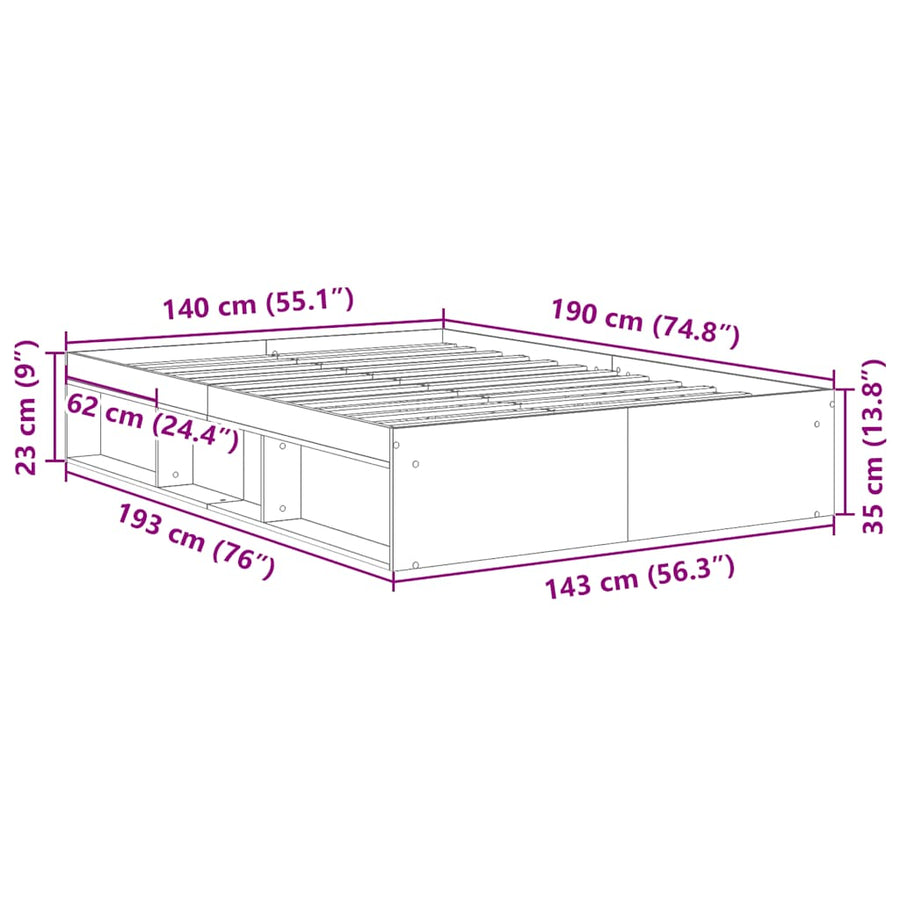 Bedframe zonder matras bewerkt 140x190 cm bewerkt hout oud