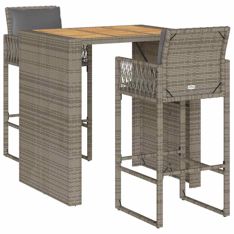 3-delige Tuinbarset met kussens poly rattan acacia grijs