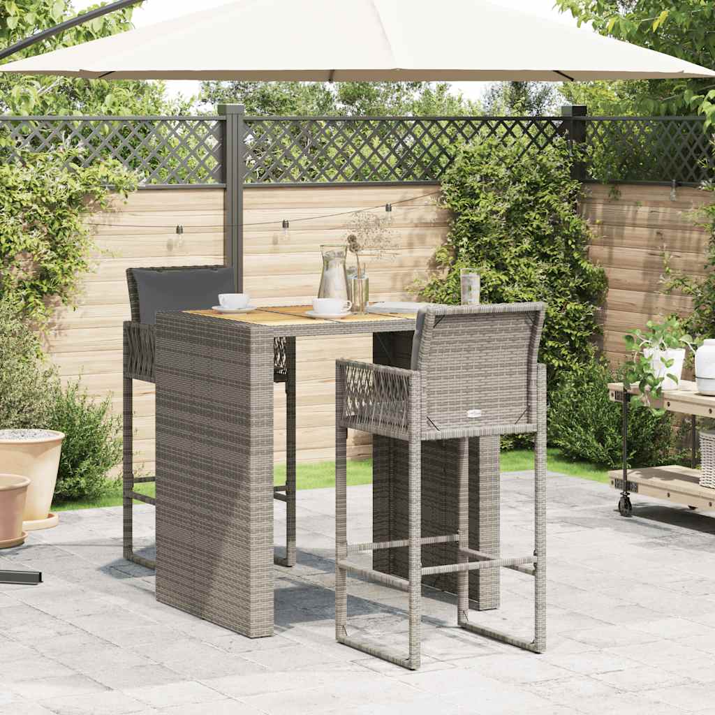 3-delige Tuinbarset met kussens poly rattan acacia grijs