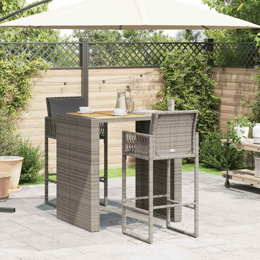 3-delige Tuinbarset met kussens poly rattan acacia grijs