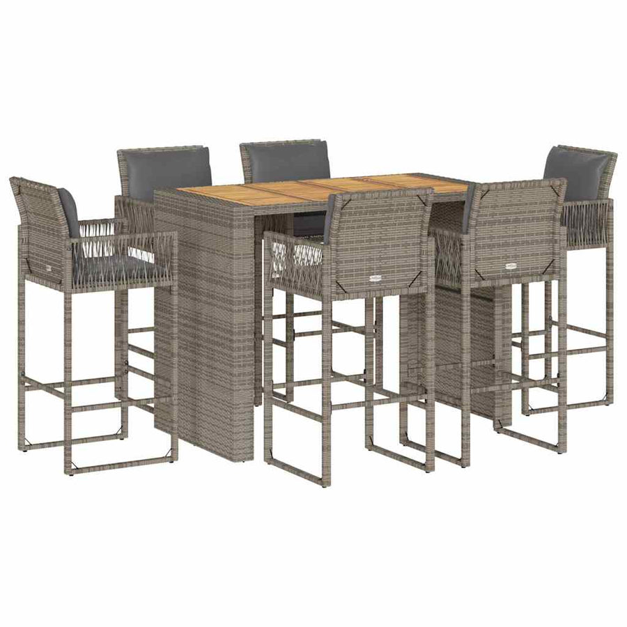 7-delige Tuinbarset met kussens poly rattan acacia grijs