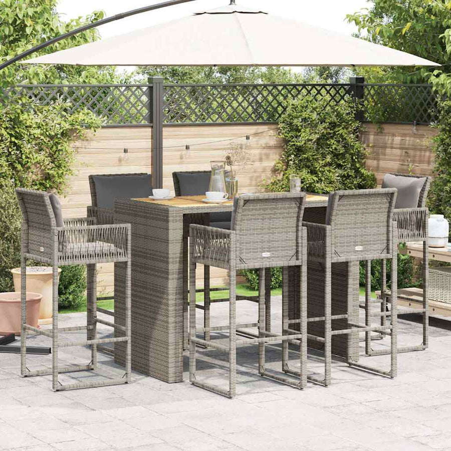 7-delige Tuinbarset met kussens poly rattan acacia grijs