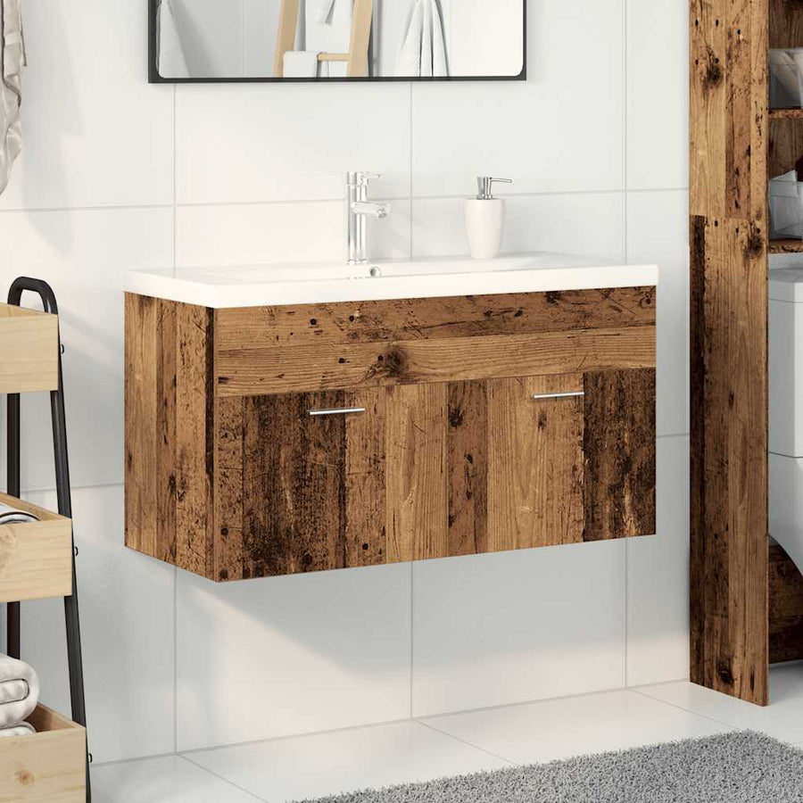 Wastafelkast met ingebouwde wasbak bewerkt hout oud hout