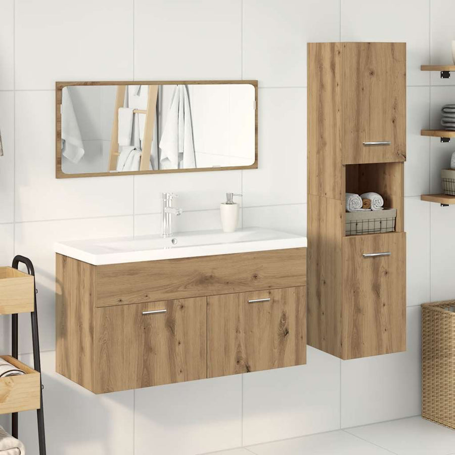 4-delige Badkamermeubelset bewerkt hout artisanaal eikenkleur
