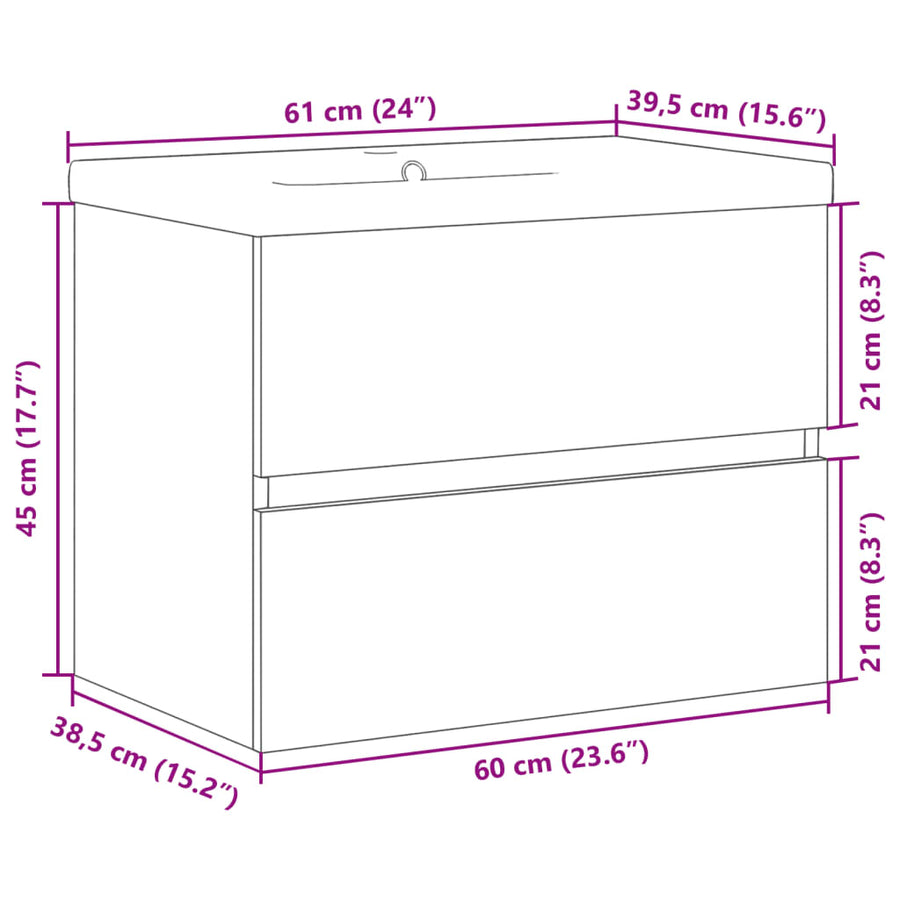 Wastafelkast met ingebouwde wastafel 61x39,5x49 cm oud hout