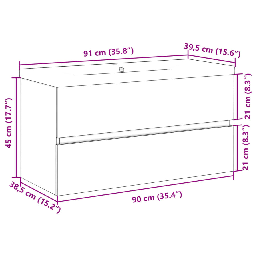 Wastafelkast met ingebouwde wastafel 91x39,5x49 cm oud hout