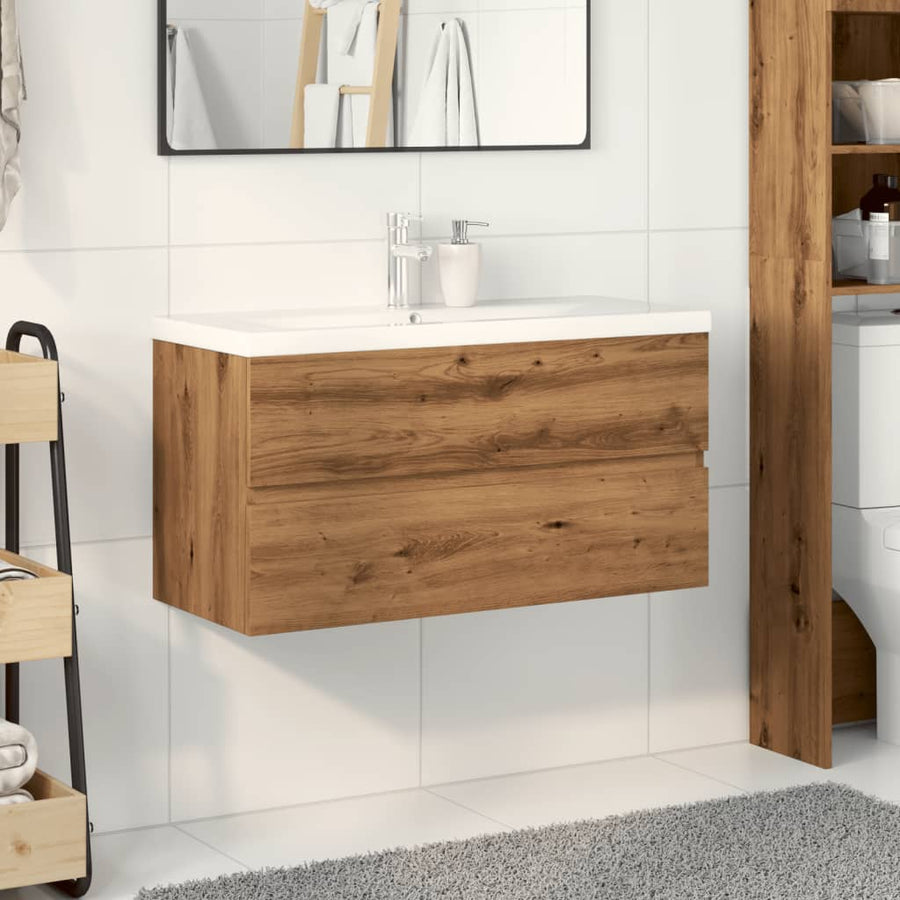 Wastafelkast ingebouwde wastafel 91x39,5x49 cm artisanaal eiken