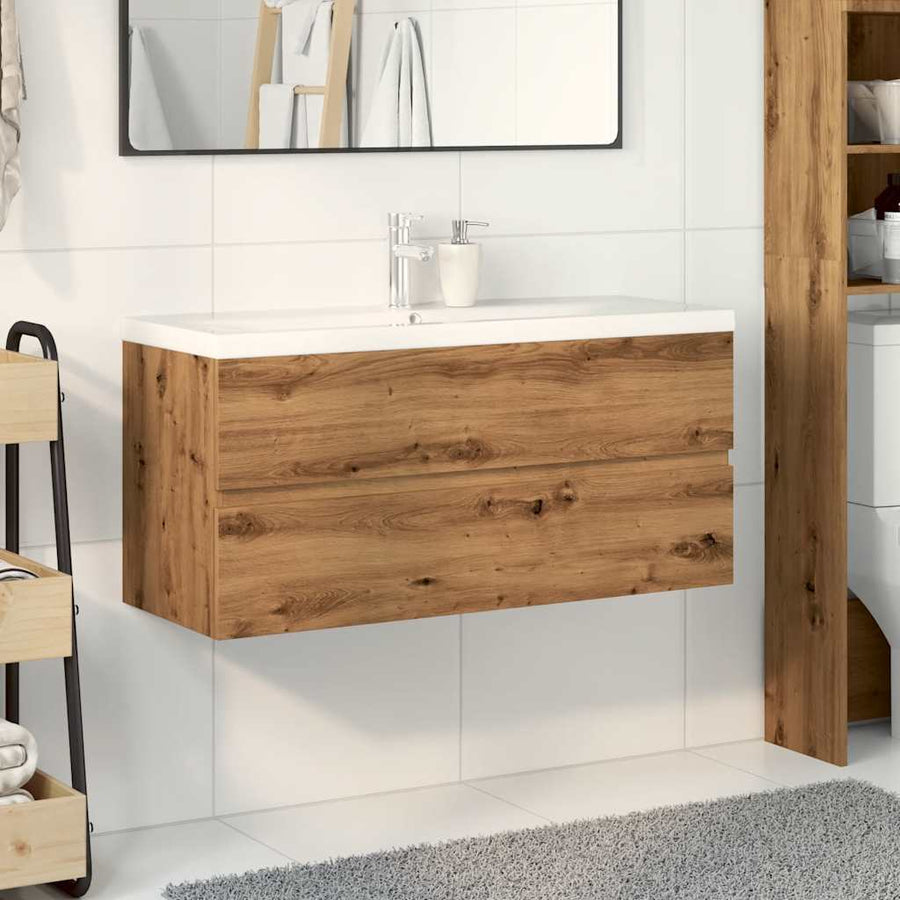 Wastafelkast ingebouwde wastafel 101x39,5x49cm artisanaal eiken
