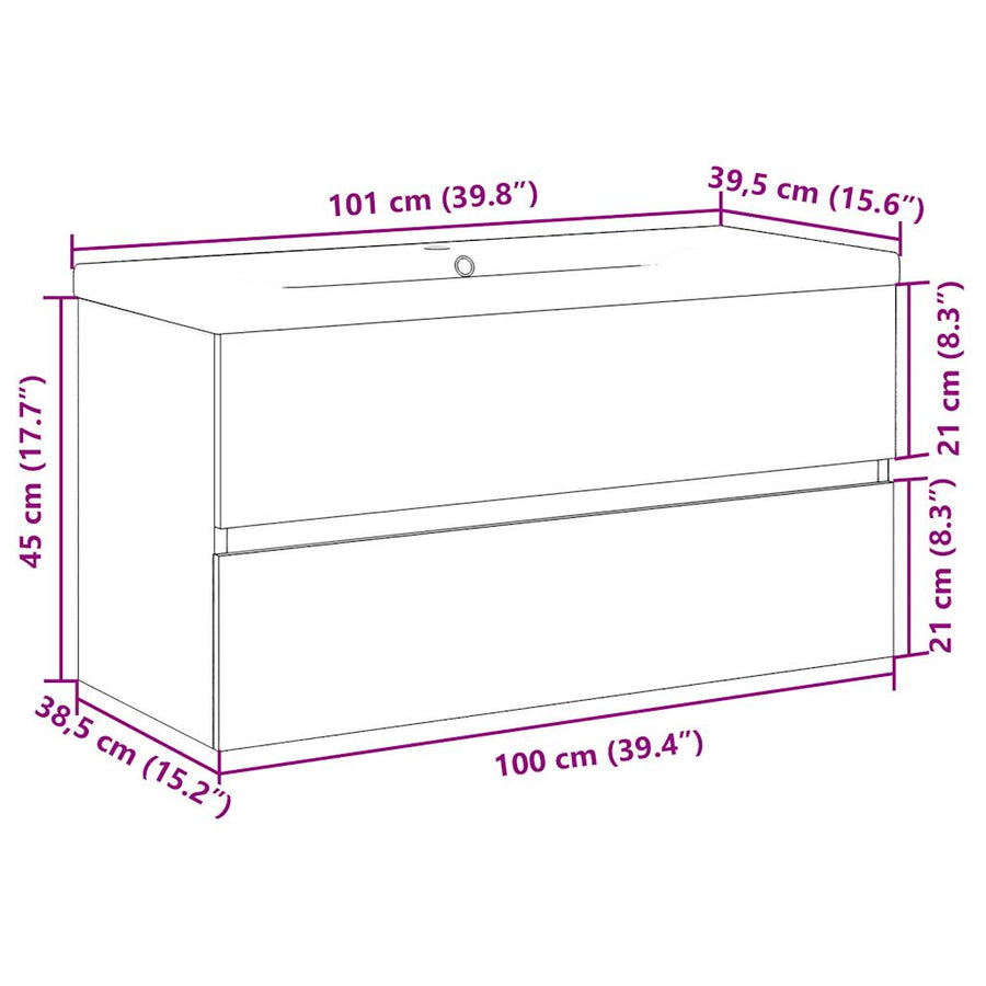 Wastafelkast ingebouwde wastafel 101x39,5x49cm artisanaal eiken