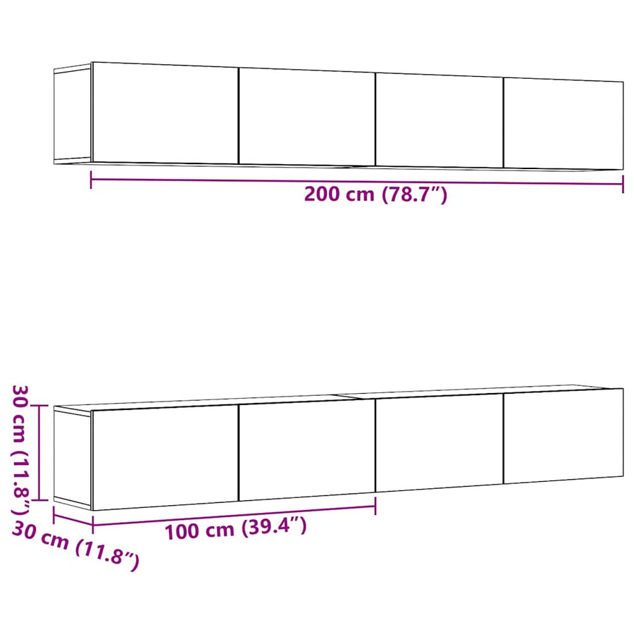 4-delige wand-tv-meubelset van oud hout, 100x30x30 cm
