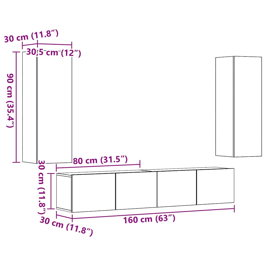 Tv-wandkasten 4 st bewerkt hout oud houtkleurig