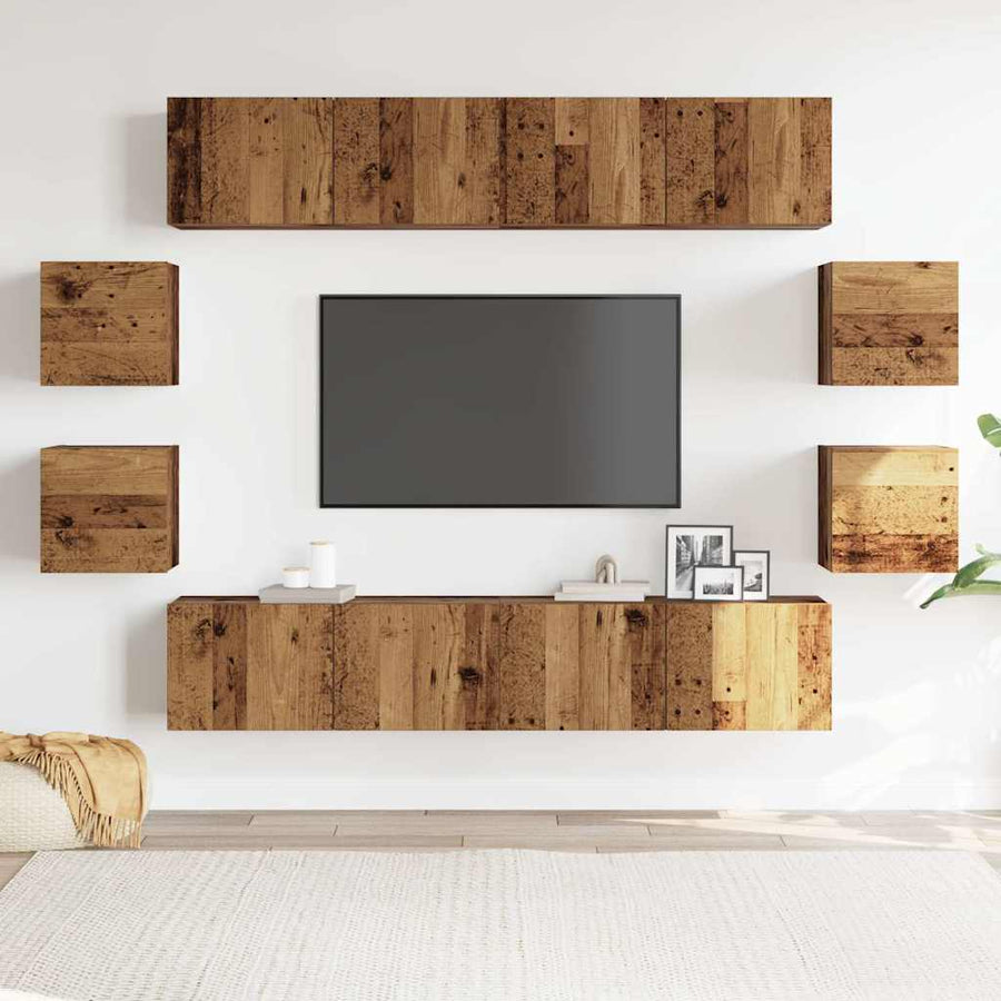 Tv-wandkasten 8 st bewerkt hout oud houtkleurig