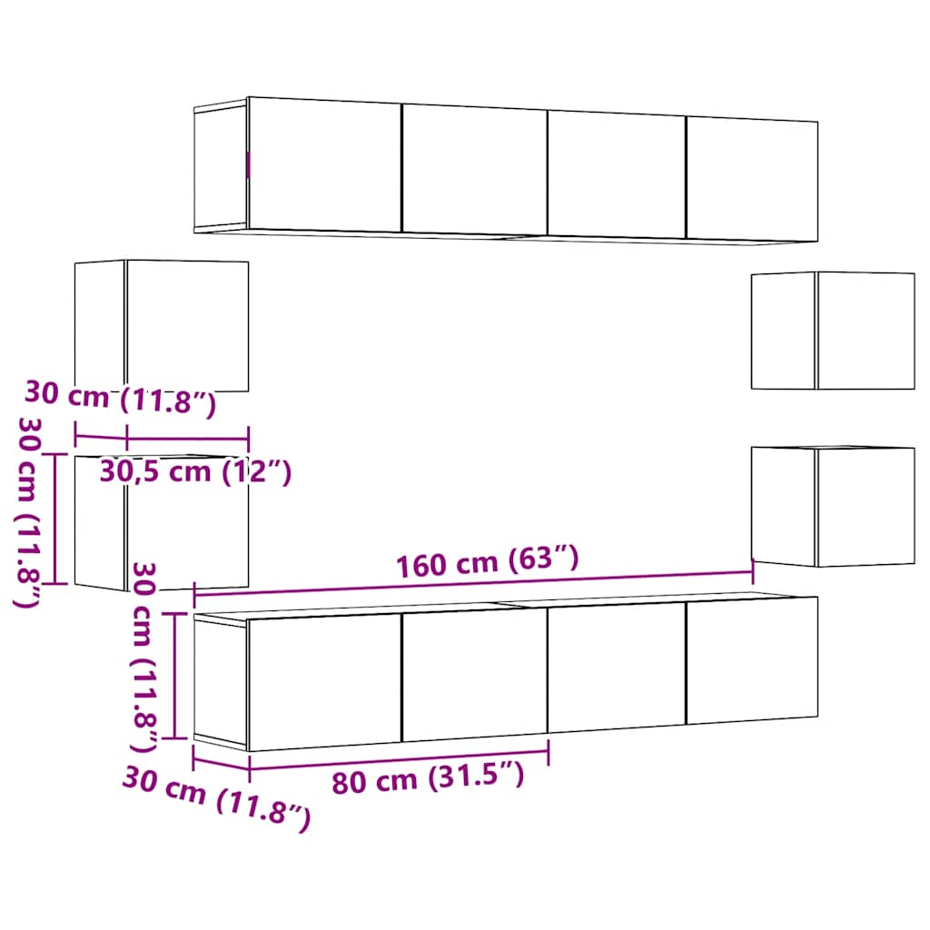 Tv-wandkasten 8 st bewerkt hout oud houtkleurig