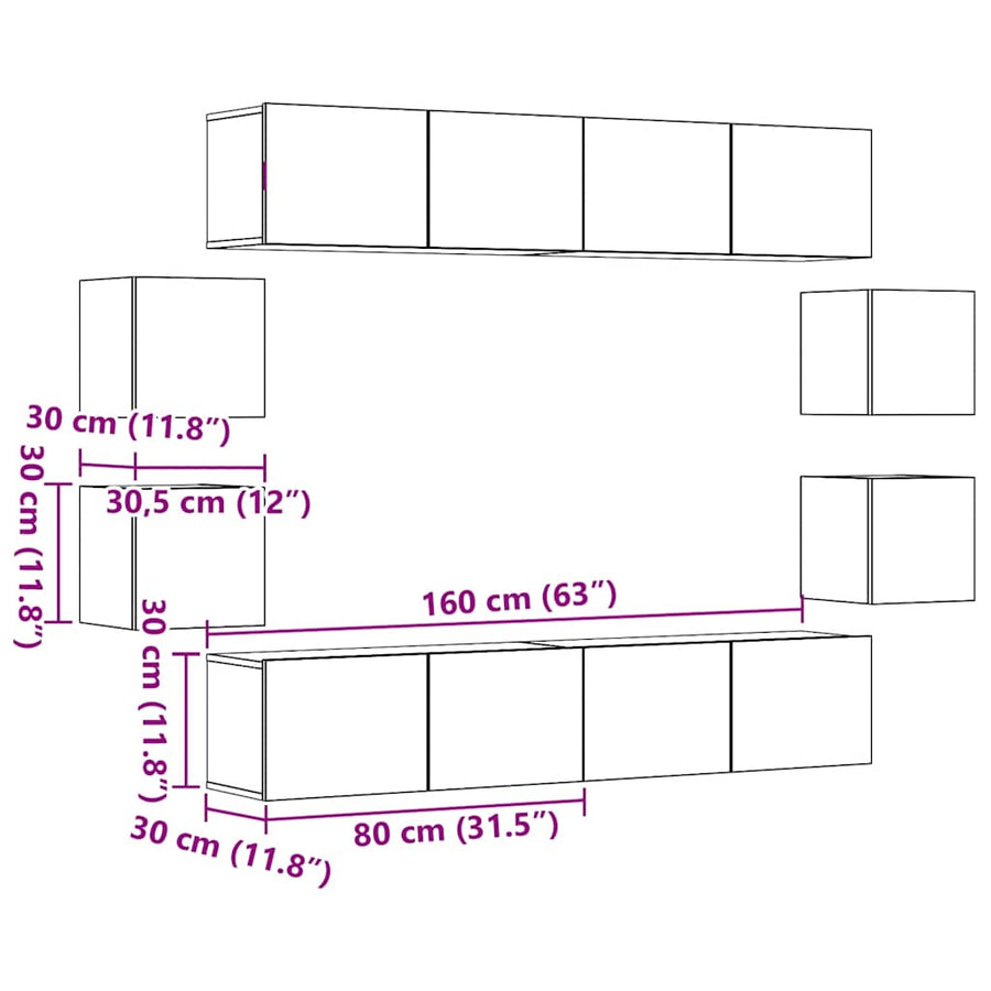 Tv-wandkasten 8 st bewerkt hout oud houtkleurig