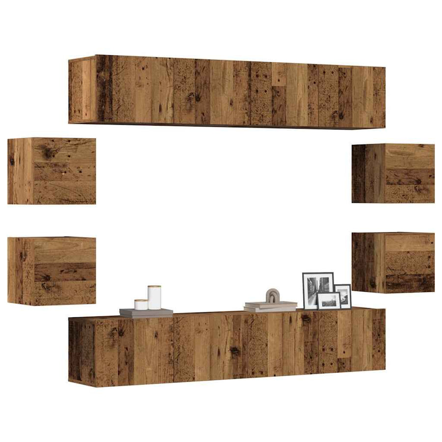 Tv-wandkasten 8 st bewerkt hout oud houtkleurig