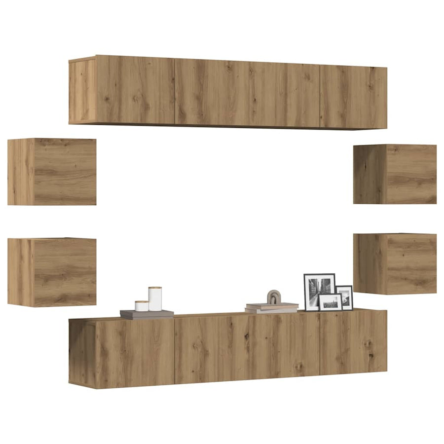 Tv-wandkasten 8 st bewerkt hout artisanaal eikenkleurig