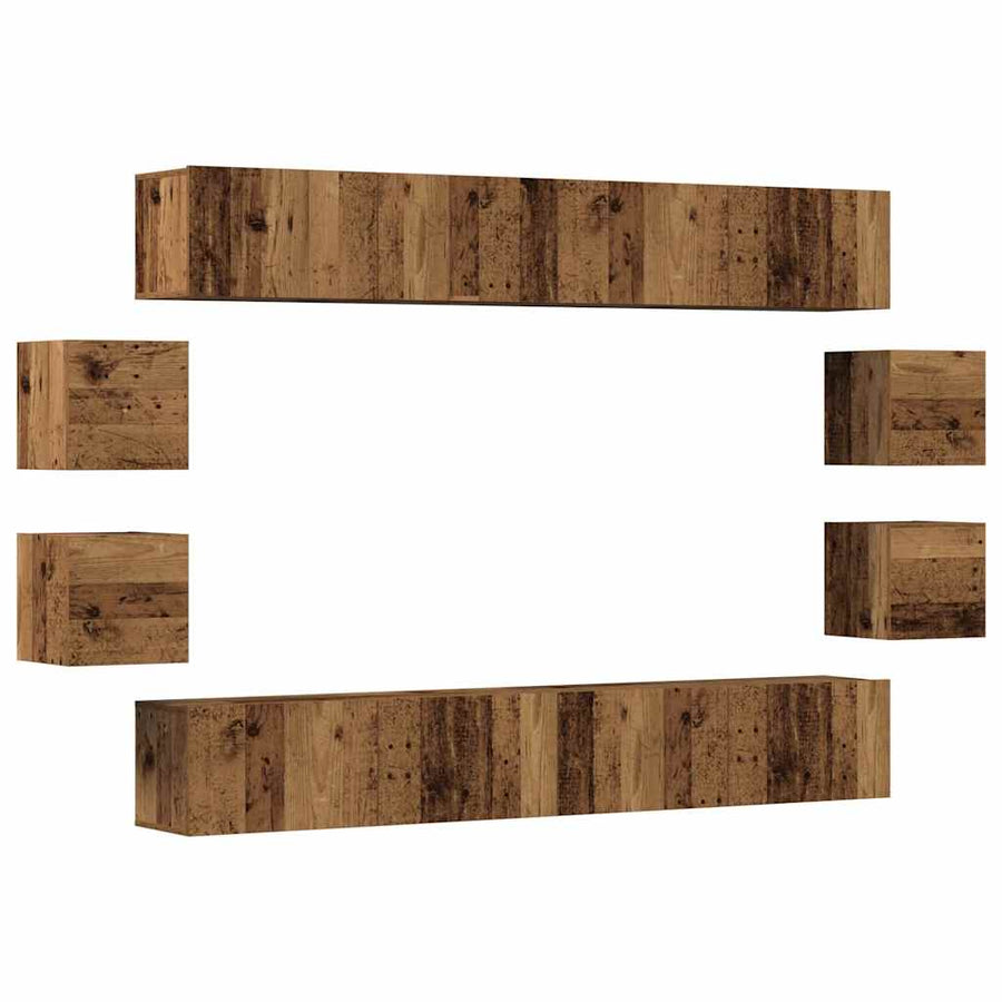 Tv-wandkasten 8 st bewerkt hout oud houtkleurig