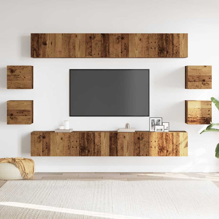 Tv-wandkasten 8 st bewerkt hout oud houtkleurig