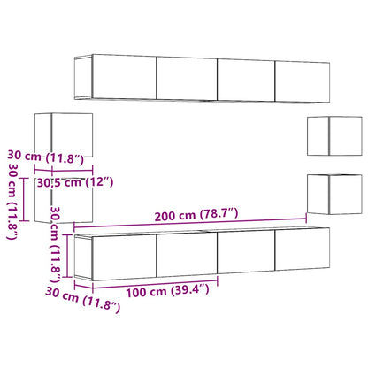 Tv-wandkasten 8 st bewerkt hout oud houtkleurig