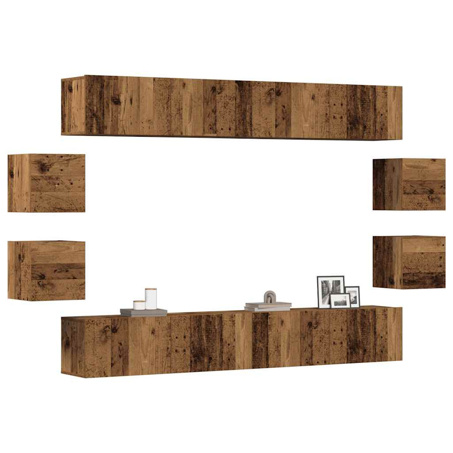 Tv-wandkasten 8 st bewerkt hout oud houtkleurig