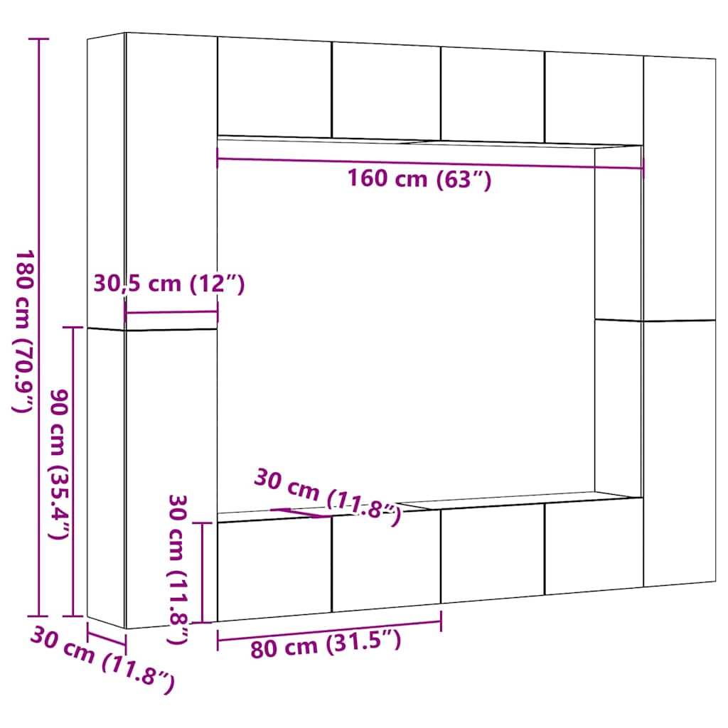 Tv-wandkasten 8 st bewerkt hout oud houtkleurig