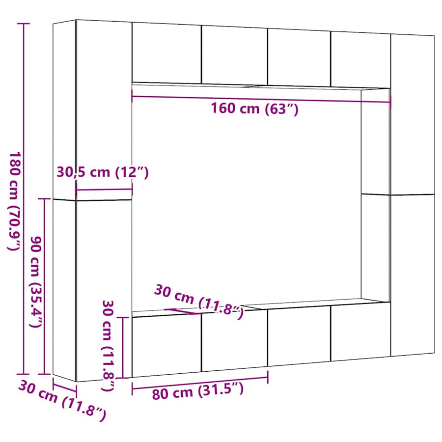 Tv-wandkasten 8 st bewerkt hout oud houtkleurig