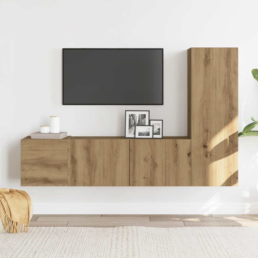 Tv-wandkasten 3 st bewerkt hout artisanaal eikenkleurig