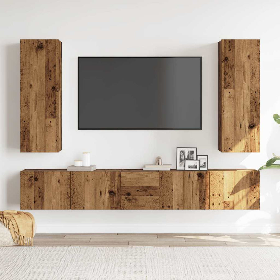 Tv-wandkasten 5 st bewerkt hout oud houtkleurig