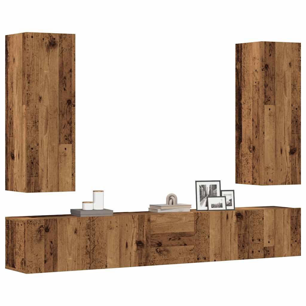 Tv-wandkasten 5 st bewerkt hout oud houtkleurig