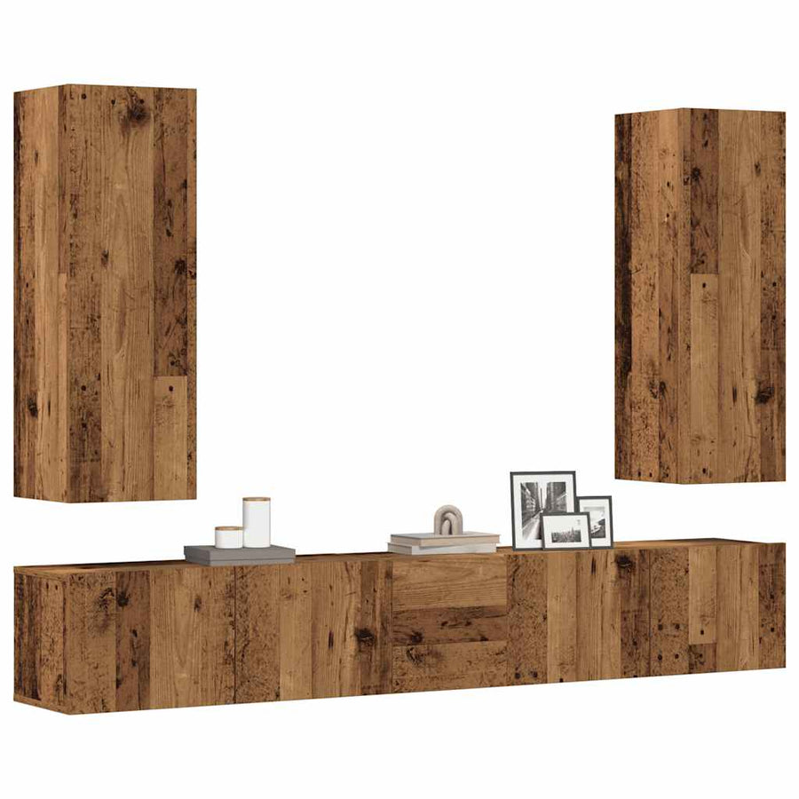 Tv-wandkasten 5 st bewerkt hout oud houtkleurig