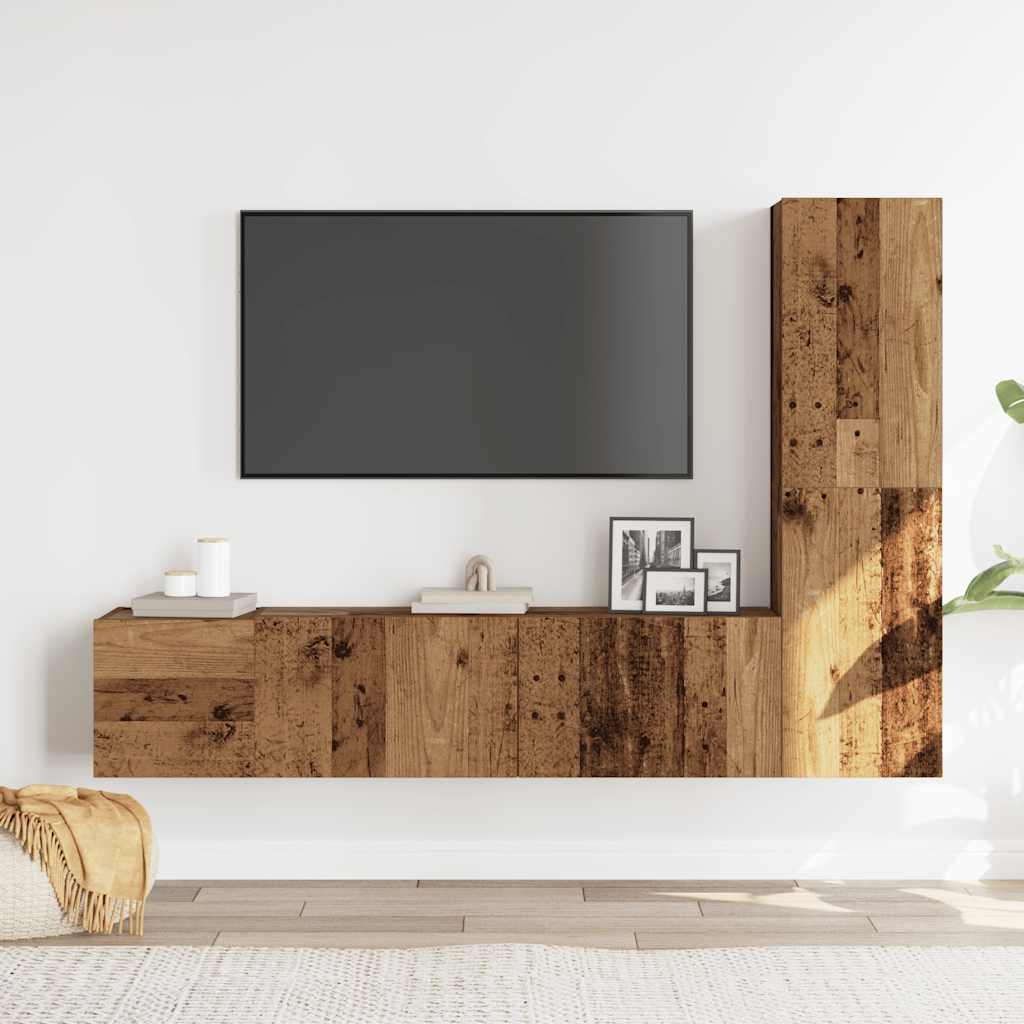 Tv-wandkasten 3 st bewerkt hout oud houtkleurig