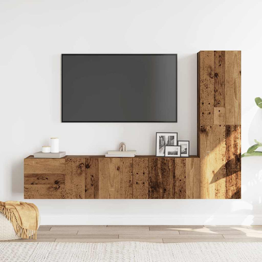 Tv-wandkasten 3 st bewerkt hout oud houtkleurig