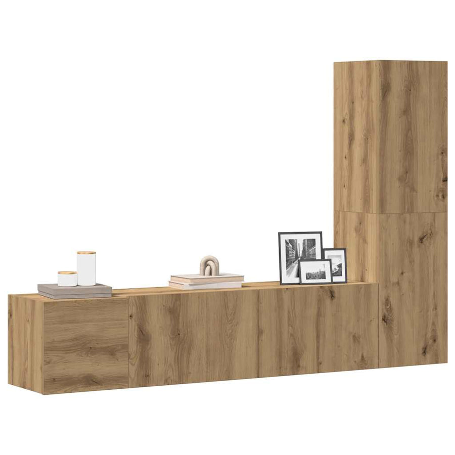 Tv-wandkasten 3 st bewerkt hout artisanaal eikenkleurig