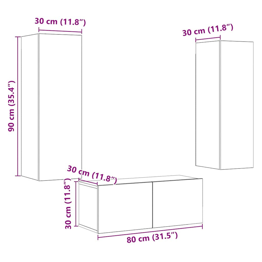 Tv-wandkasten 3 st bewerkt hout oud houtkleurig