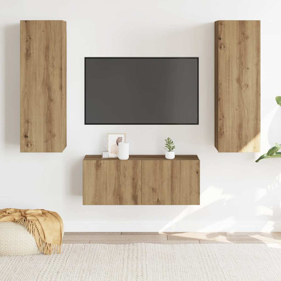 Tv-wandkasten 3 st bewerkt hout artisanaal eikenkleurig