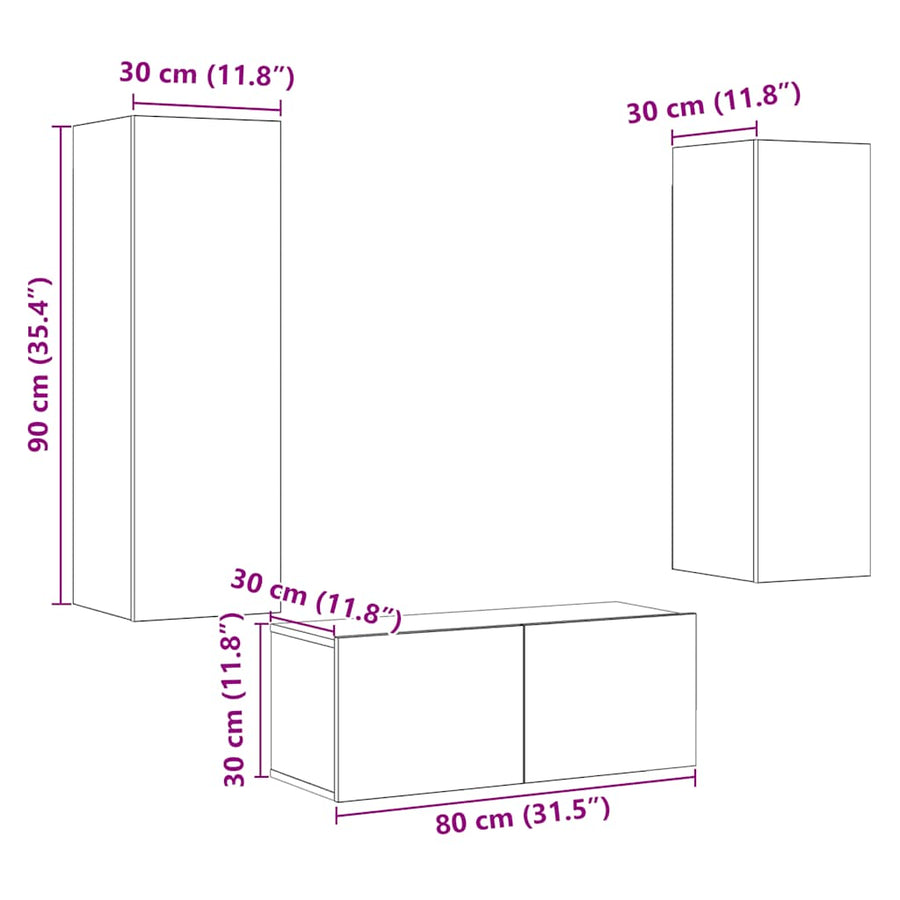 Tv-wandkasten 3 st bewerkt hout artisanaal eikenkleurig
