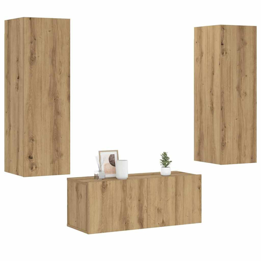 Tv-wandkasten 3 st bewerkt hout artisanaal eikenkleurig