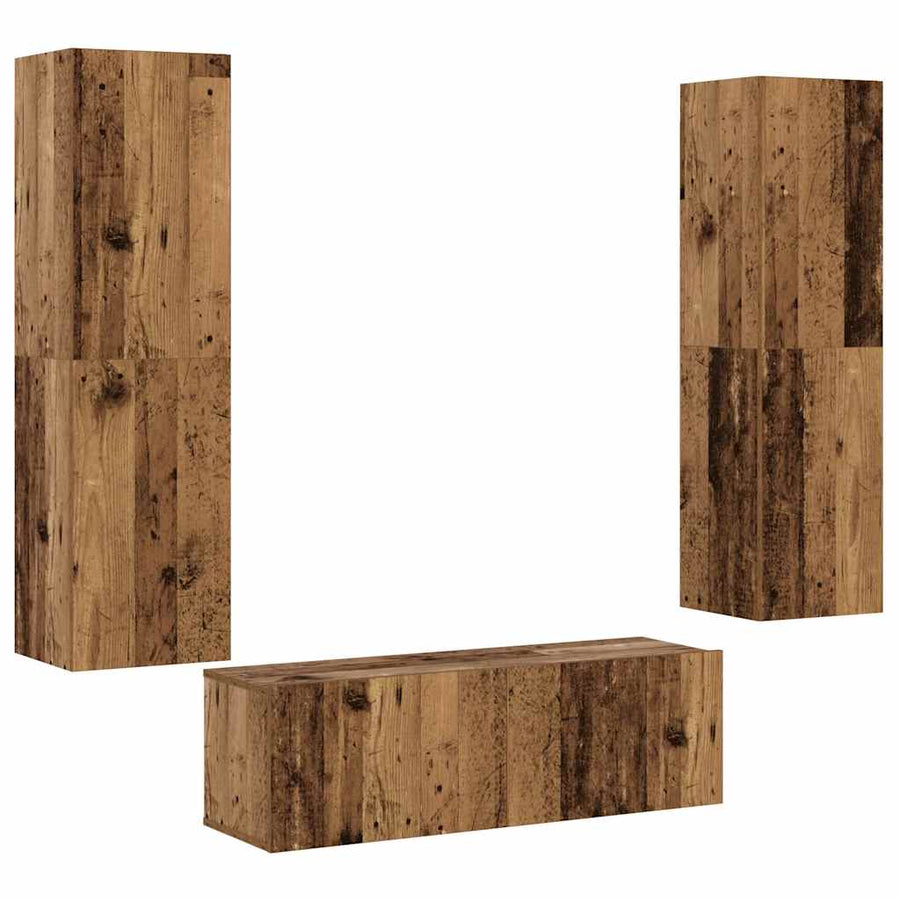 Tv-wandkasten 3 st bewerkt hout oud houtkleurig